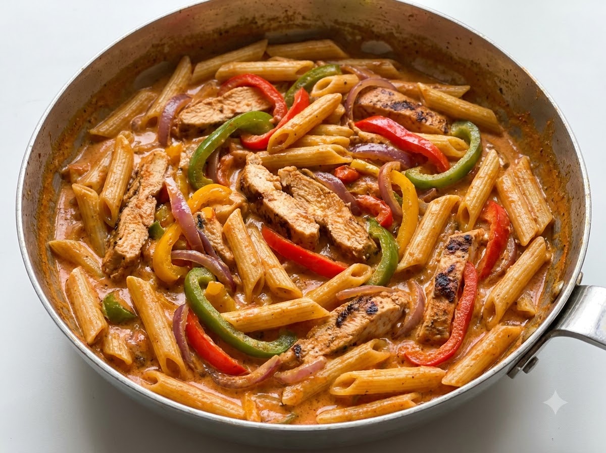 Pasta penne cotta mescolata con peperoni saltati, cipolle e pollo affettato in una salsa cremosa allinterno di una padella.