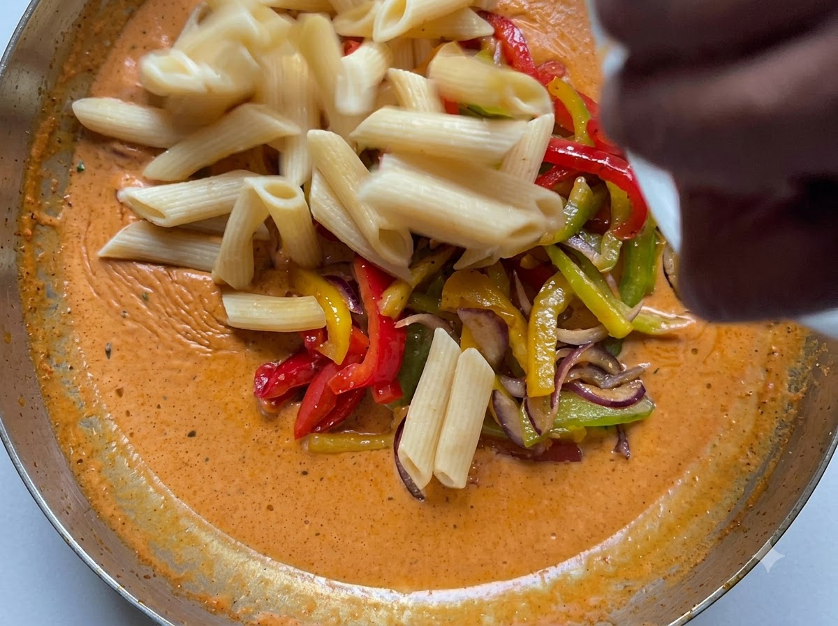 Pasta penne cotta versata da un contenitore in una padella riempita con salsa cremosa color arancione e verdure affettate.
