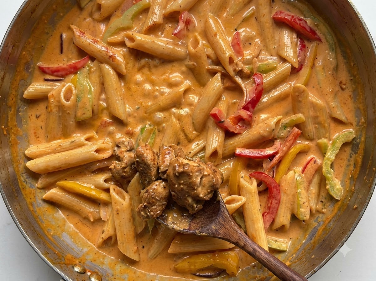 Pezzi di pollo cotto raccolti su un cucchiaio di legno e aggiunti nuovamente in una padella di pasta cremosa e verdure.