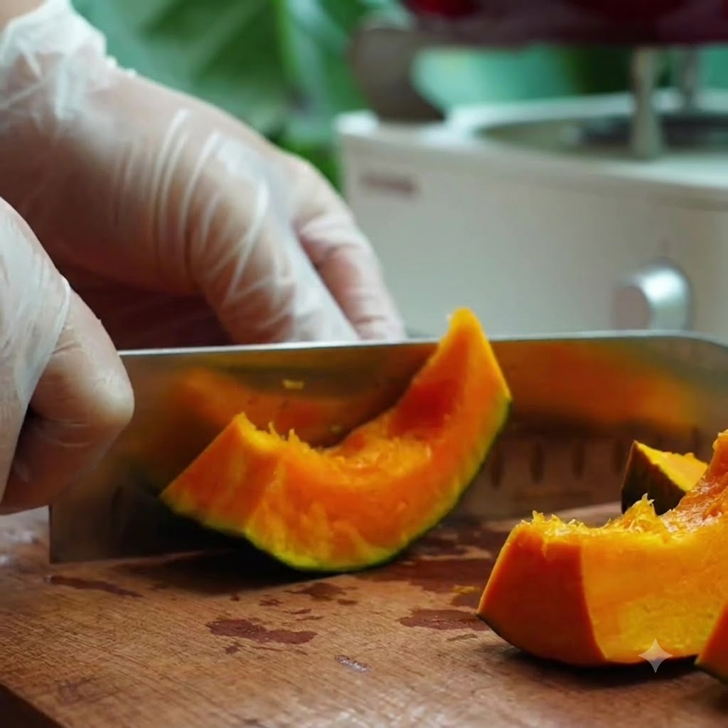 Un coltello che taglia un pezzo di zucca arancione su un tagliere di legno.