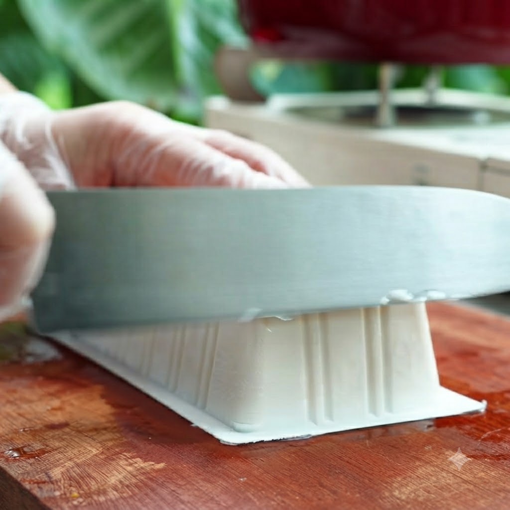 Un coltello affilato che taglia un blocco di tofu bianco su un tagliere di legno.
