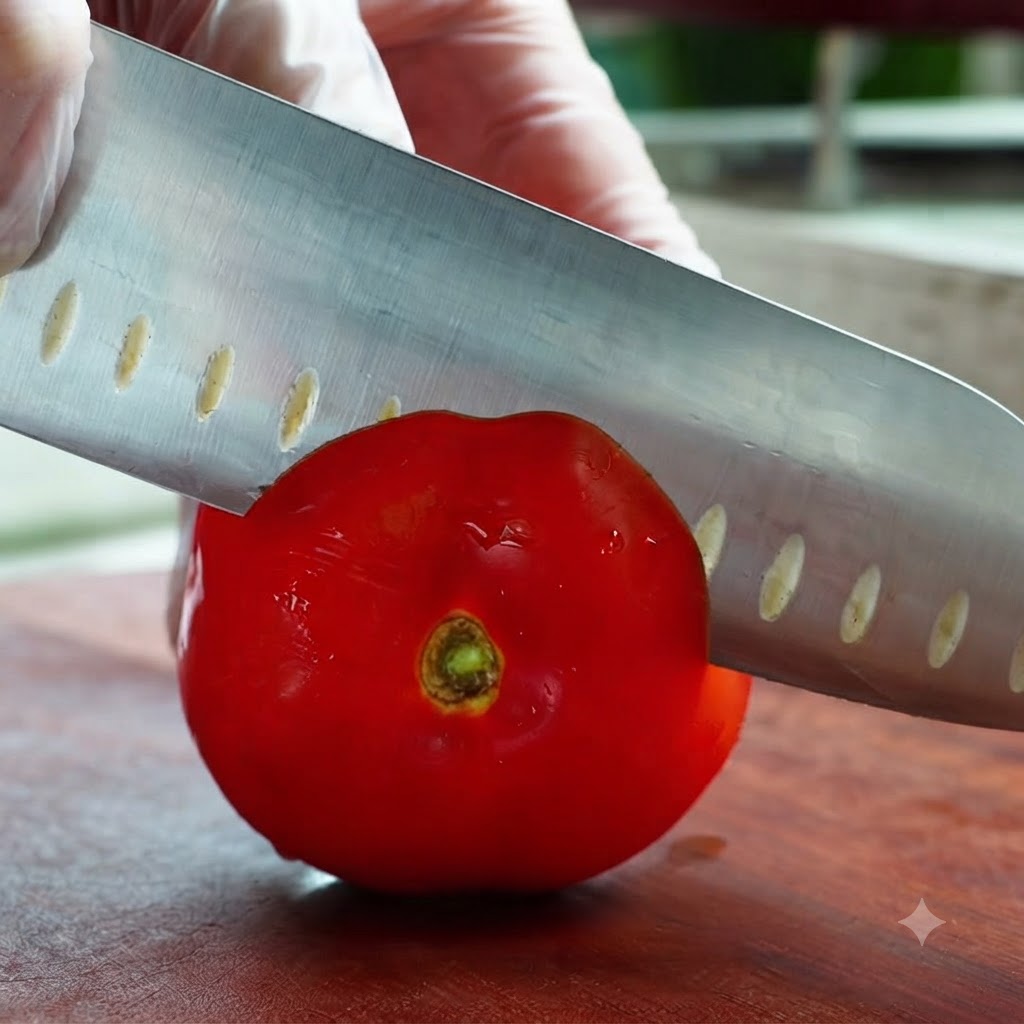 Un coltello da chef affilato che taglia un pomodoro rosso fresco su un tagliere.