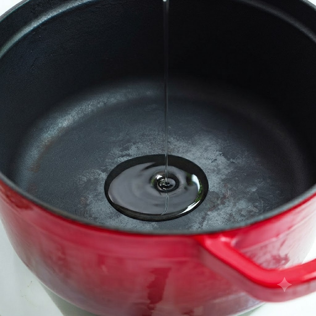 Olio e pezzi di zucca gialla aggiunti in una pentola rossa su un piano cottura.