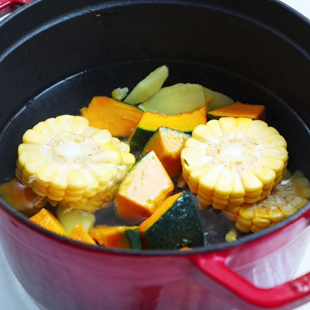 Acqua versata nella pentola rossa piena di pezzi di zucca e mais.