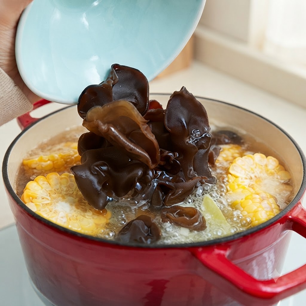 Funghi orecchio di Giuda neri versati da una ciotola azzurra in una pentola di brodo vegetale bollente.