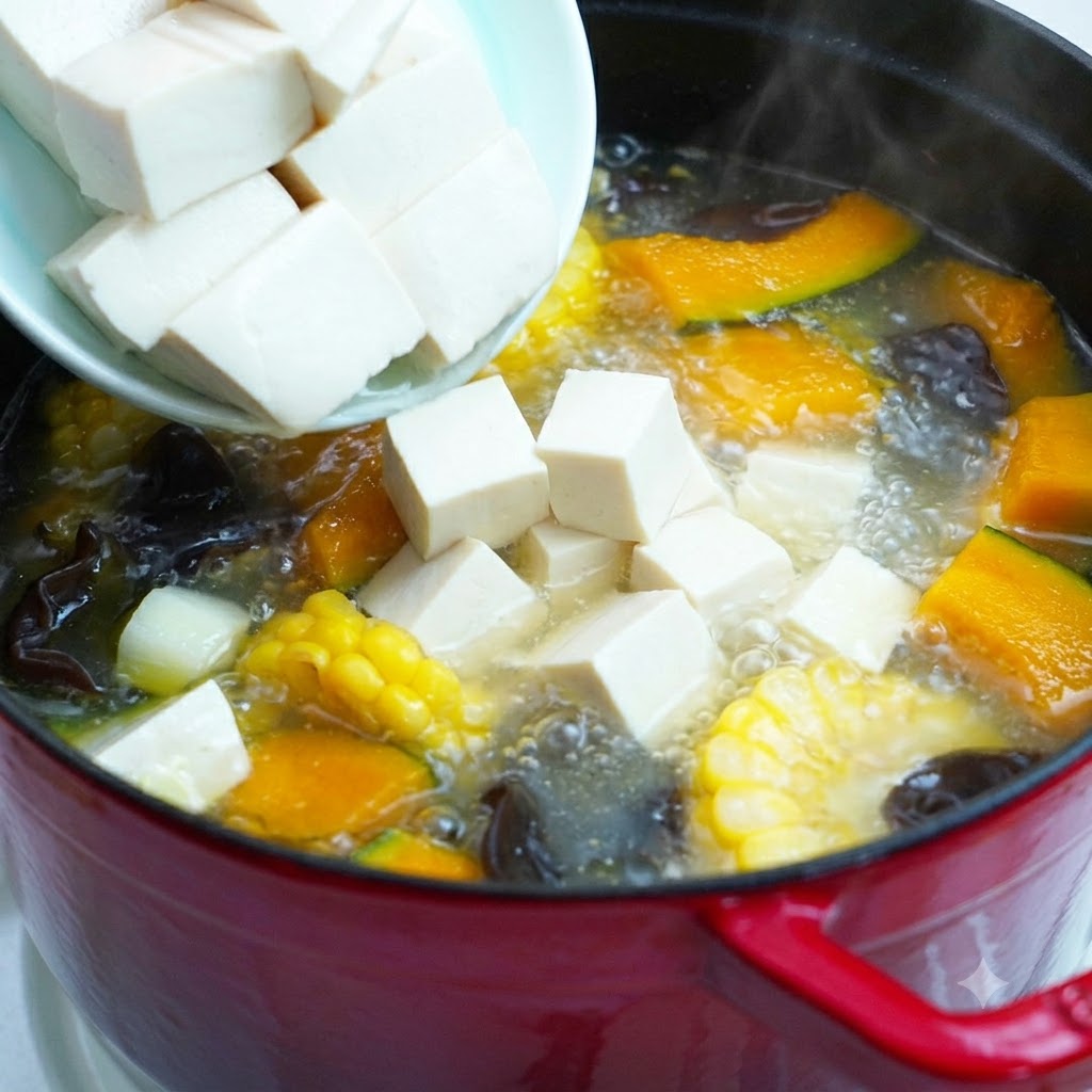 Pezzi di tofu bianco affettato versati da una ciotola nella pentola di verdure bollente.