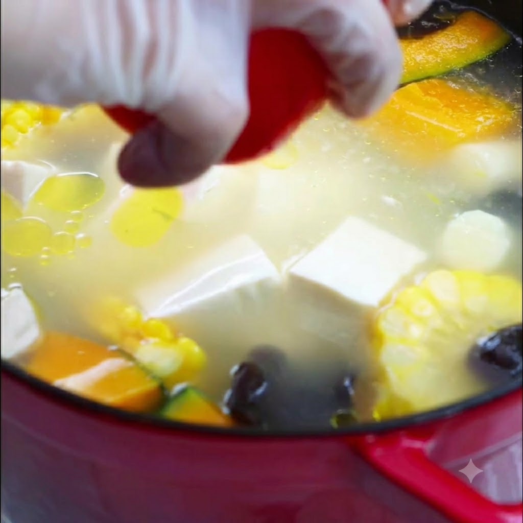 Un pomodoro rosso intero aggiunto al centro di una pentola di zuppa di verdure bollente.