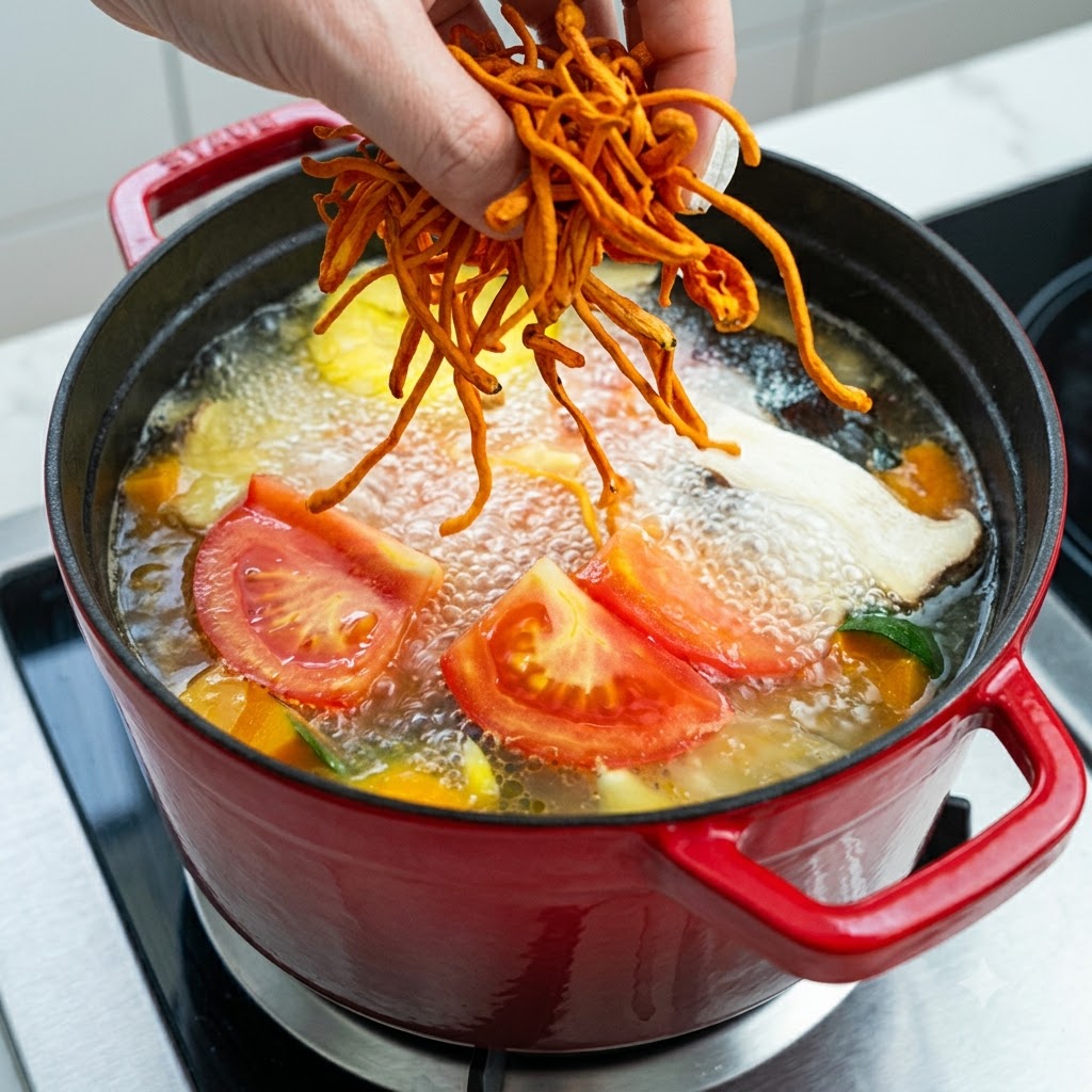 Funghi Cordyceps militaris arancioni vivaci gettati nella zuppa di verdure bollente.