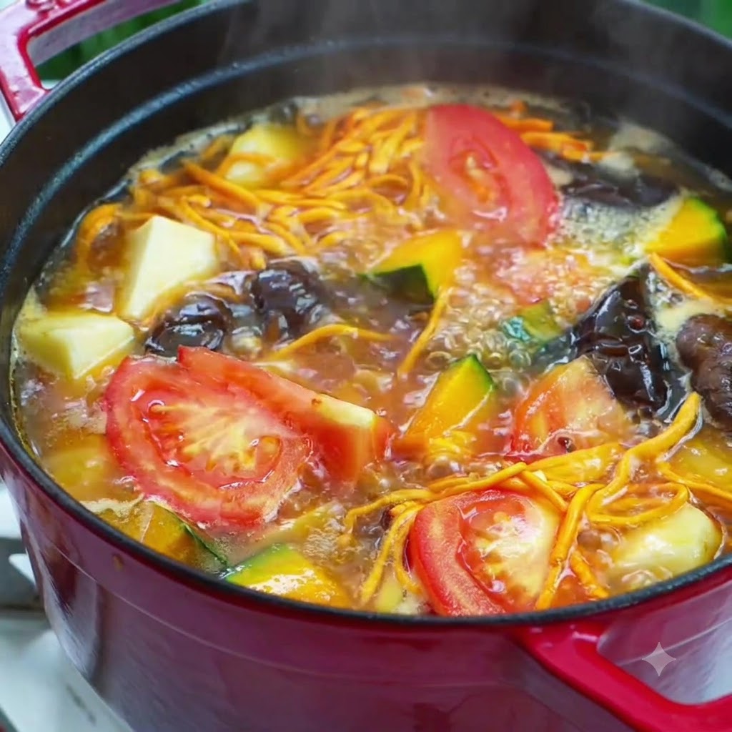 Primo piano di condimento cosparso in una pentola bollente vibrante di zuppa vegetariana.