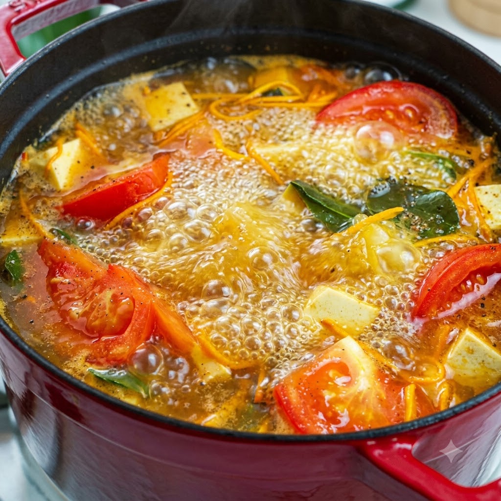 Pepe nero macinato fresco e cosparso sulla superficie di una pentola di zuppa bollente.