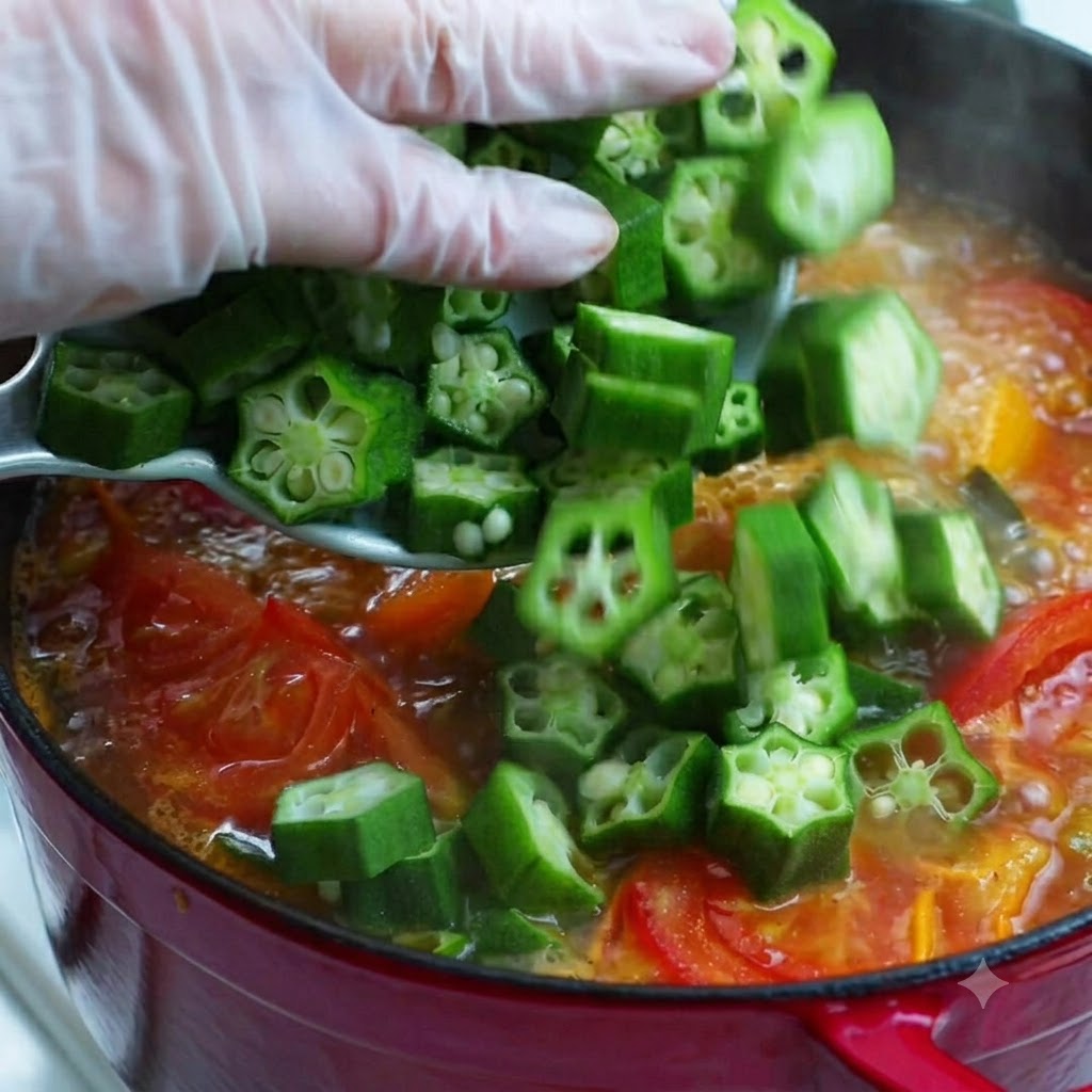 Mani guantate che aggiungono okra verde appena affettata in una vibrante pentola di zuppa bollente con pomodori.
