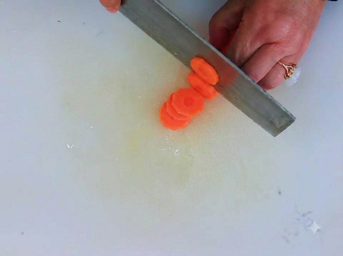 Una carota pelata affettata in nette fette rotonde su un tagliere bianco.