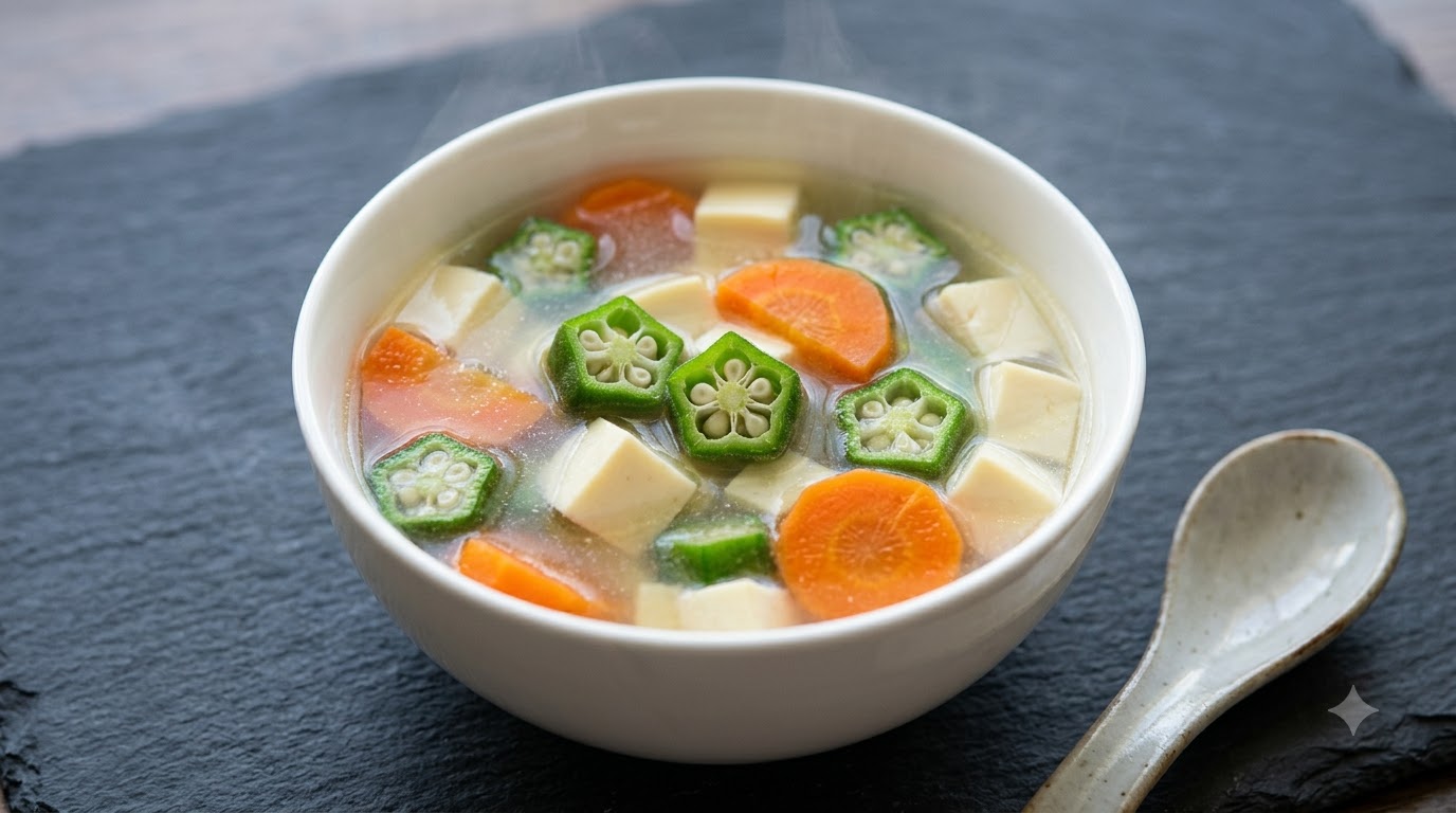 Zuppa di Giada Bianca con Okra, Carote e Tofu