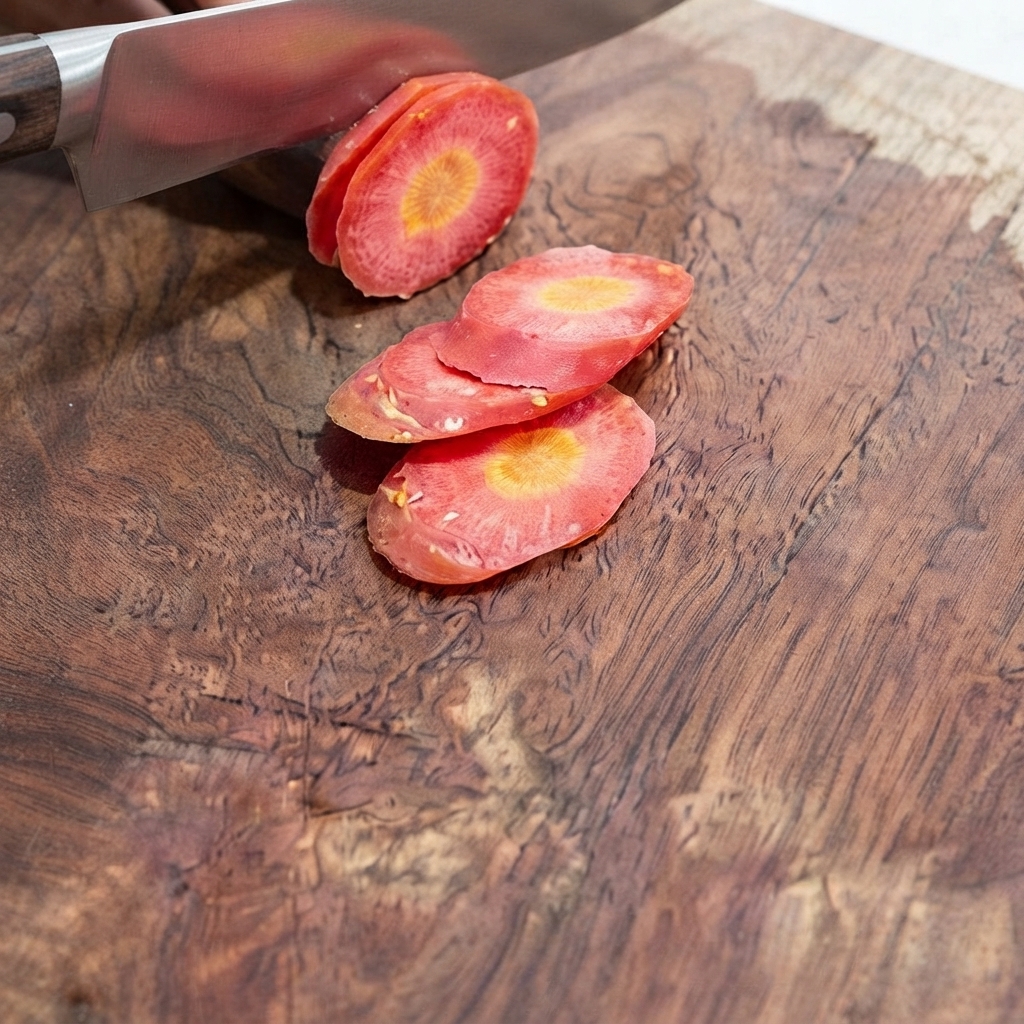 Un coltello che taglia una carota a fette rotonde su un tagliere di legno.
