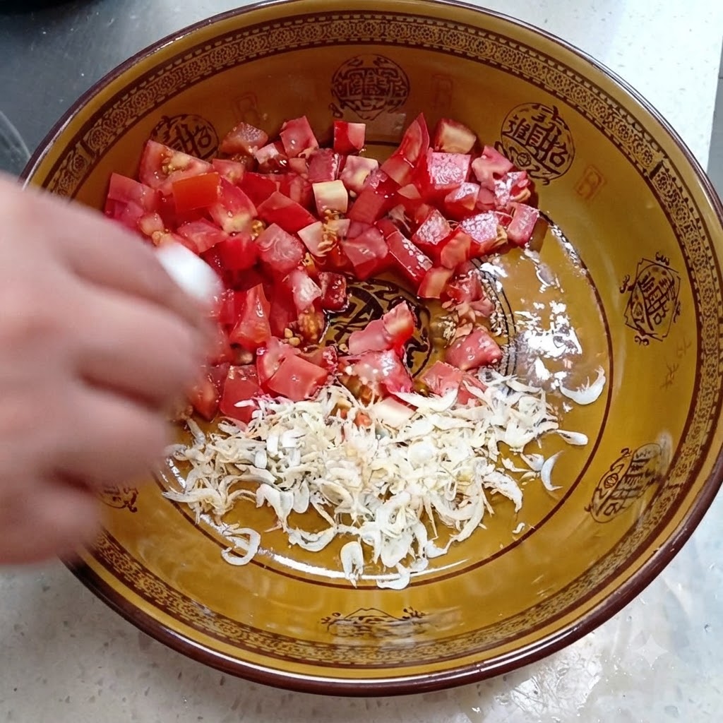 Pomodori a dadini e gamberetti essiccati in una ciotola conditi con sale e zucchero.