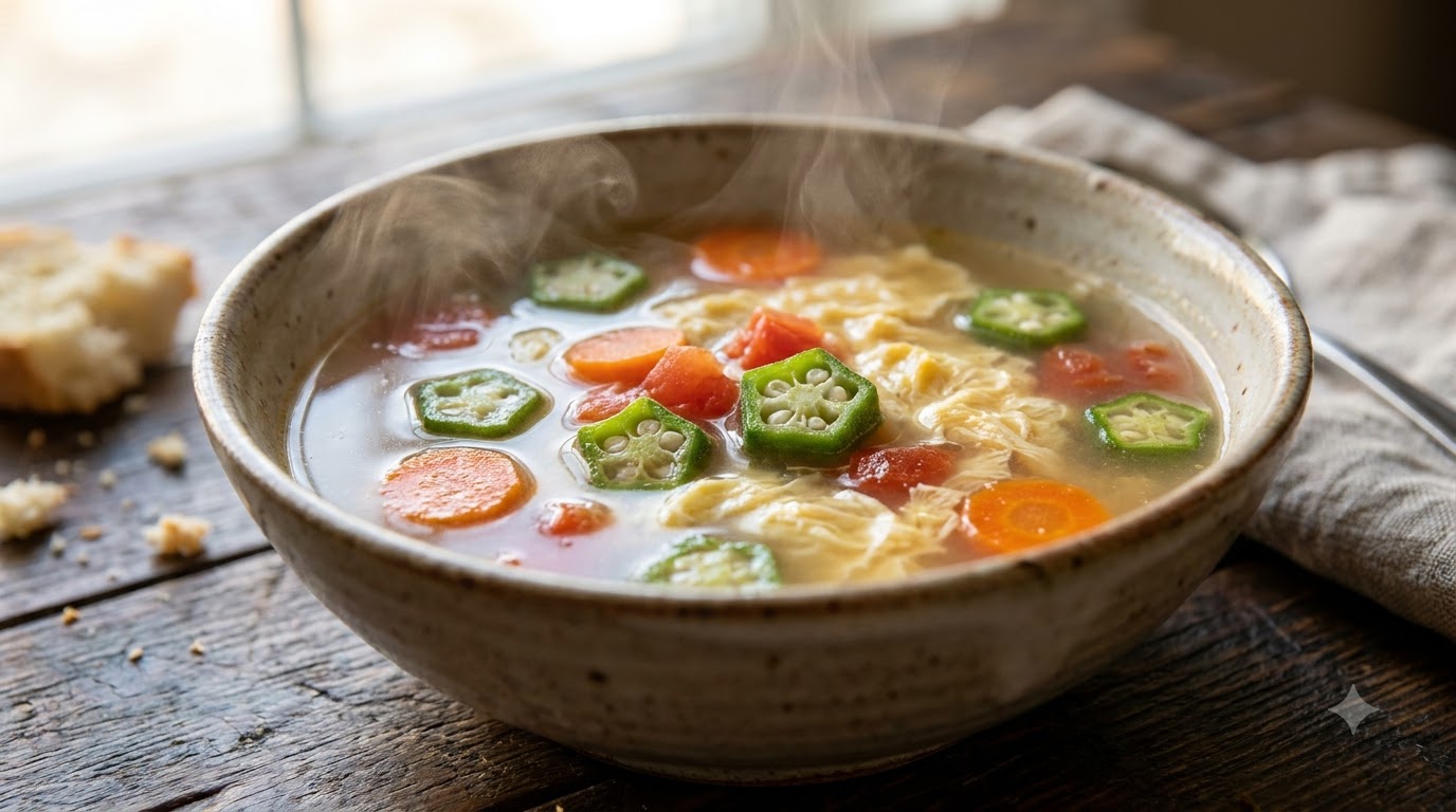Zuppa di Okra e Pomodoro con Nastri d'Uovo