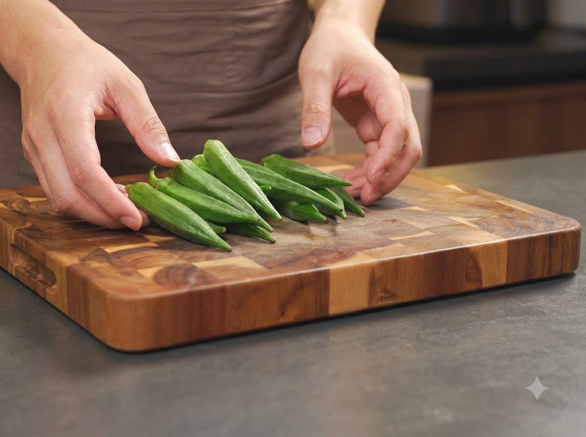 Mani che sfregano il sale su baccelli di okra fresca intera disposti su un tagliere.
