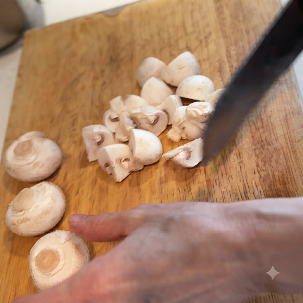 Fette di pancetta tagliate a pezzi più piccoli con un coltello affilato su un tagliere di legno.