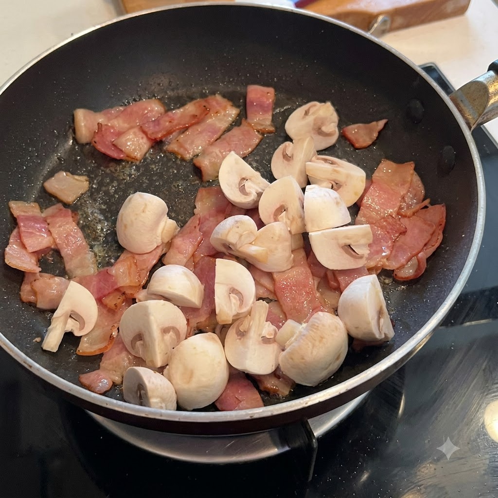 Pezzi di funghi champignon mescolati alla pancetta in padella, conditi con pepe nero e sale.