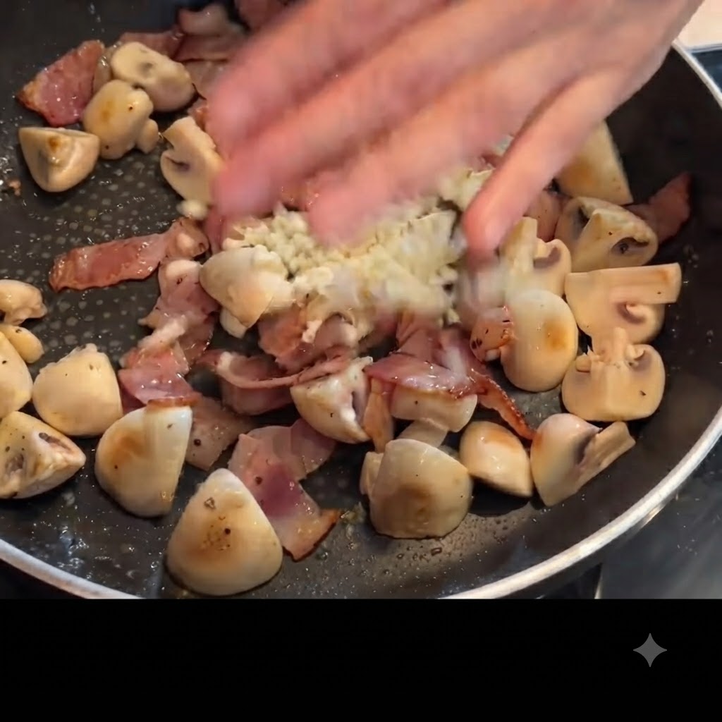 Aglio fresco tritato che viene aggiunto al composto di funghi e pancetta nella padella.