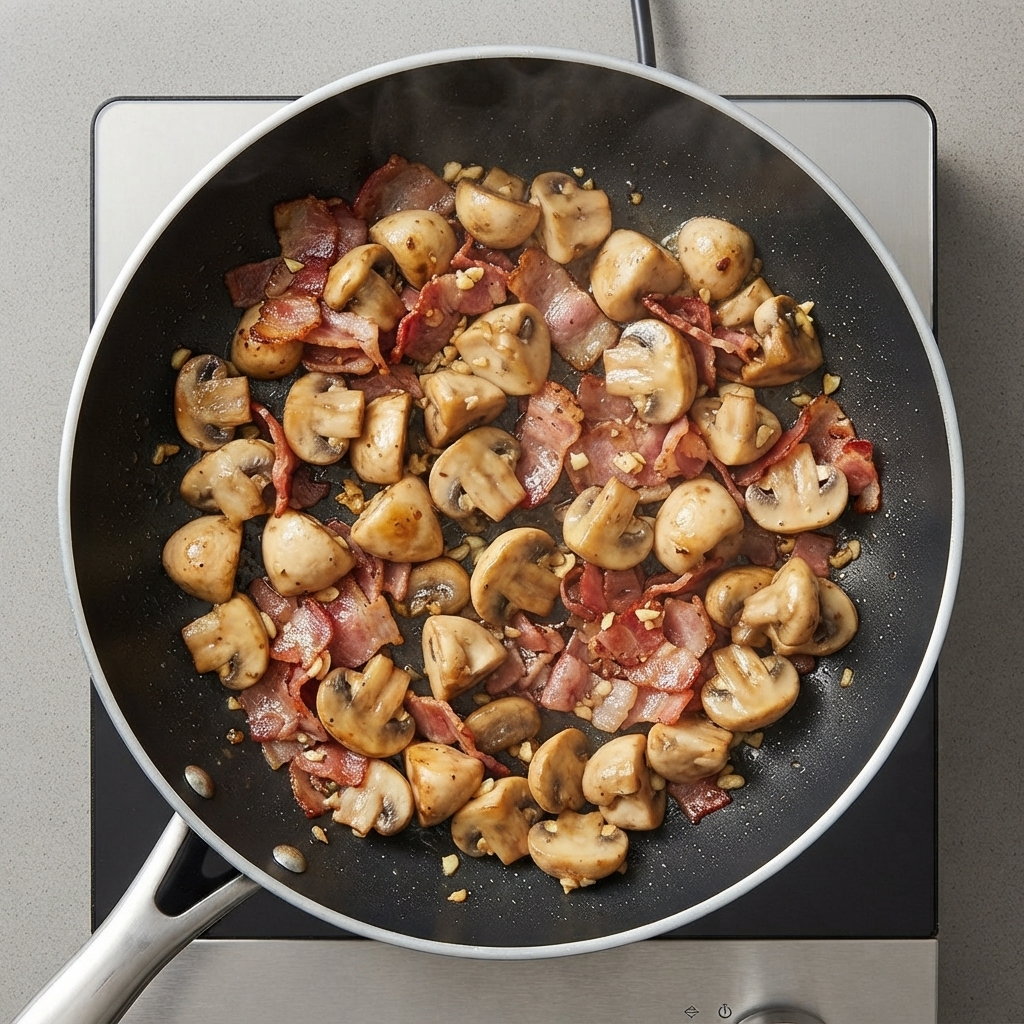 Panna densa e vino bianco versati sopra i funghi e la pancetta saltati in una padella.