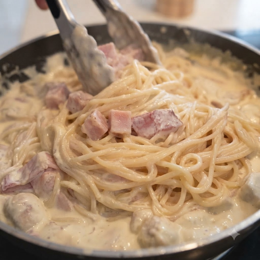 Spaghetti e salsa cremosa mescolati insieme con le pinze da cucina in una padella.