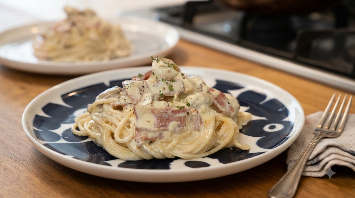 Pasta Classica con Funghi, Pancetta e Panna