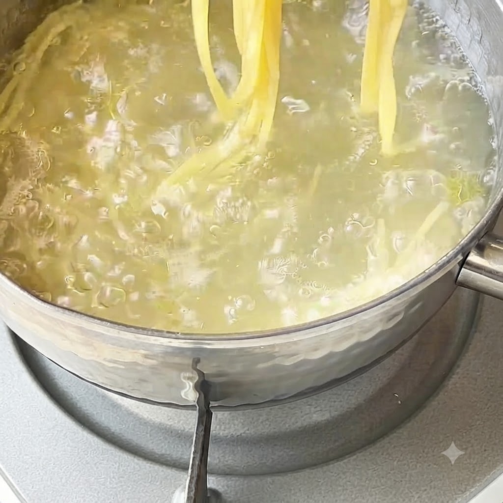 Spaghetti cotti sciacquati con acqua fredda utilizzando pinze da cucina.