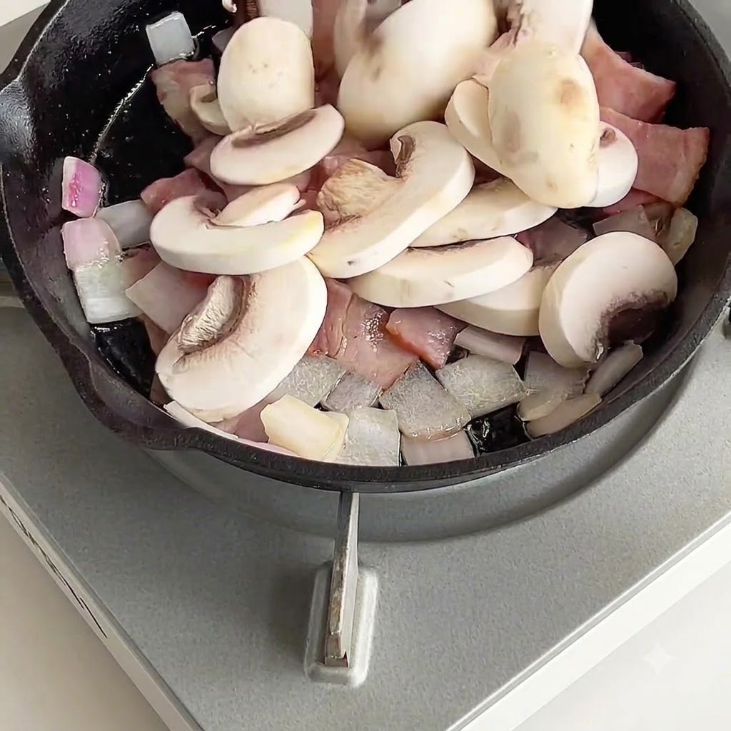 Funghi bianchi affettati posti in una padella con pezzi di pancetta e cipolla.