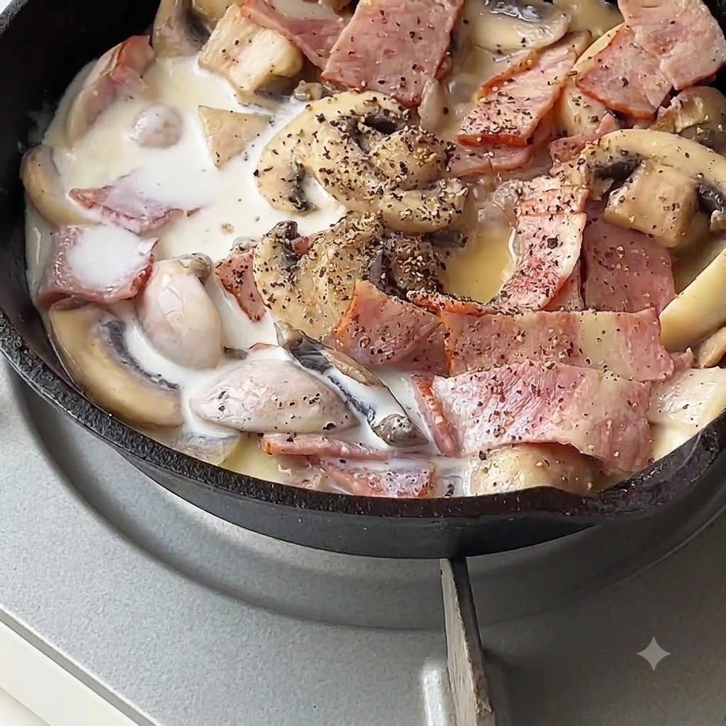 Latte e panna versati in una padella con pancetta e funghi.