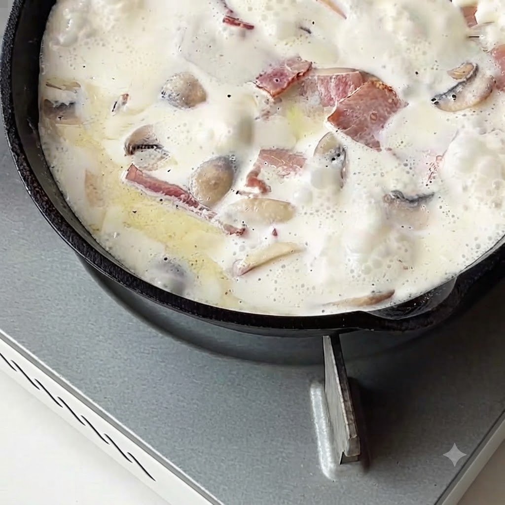 Pasta cotta aggiunta a una salsa bianca cremosa in ebollizione in una padella.