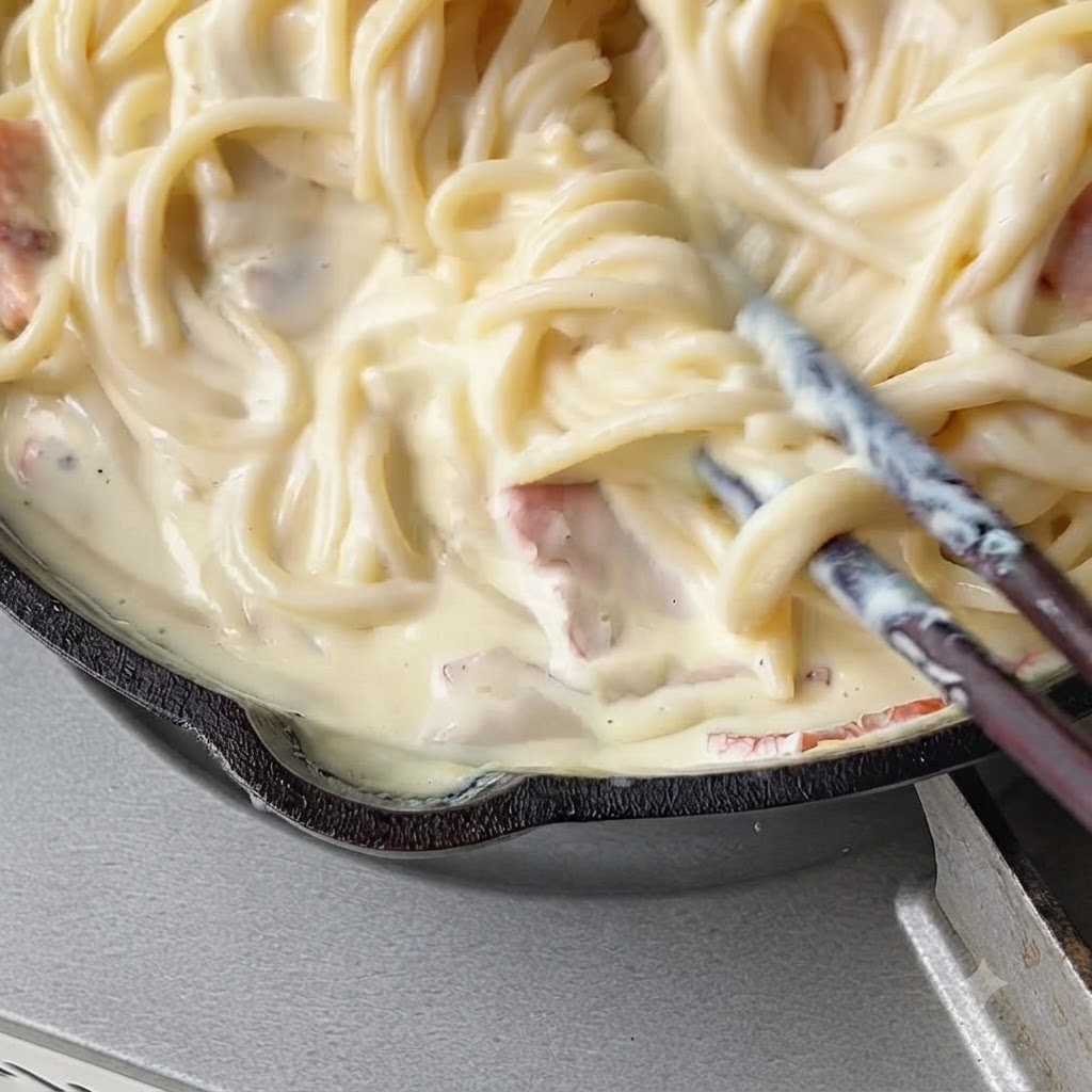 Pasta saltata e mescolata in una salsa cremosa utilizzando utensili da cucina.