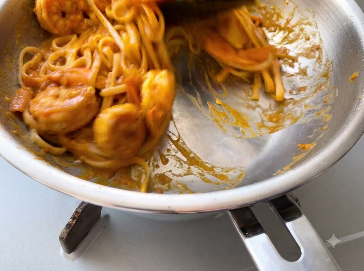 Pasta cotta mescolata e saltata insieme a una spessa salsa di pomodoro dentro una padella capiente.