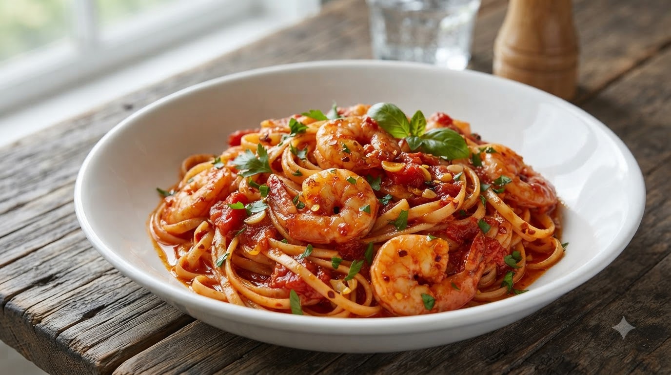Pasta con Gamberi, Pomodoro, Aglio e Peperoncino