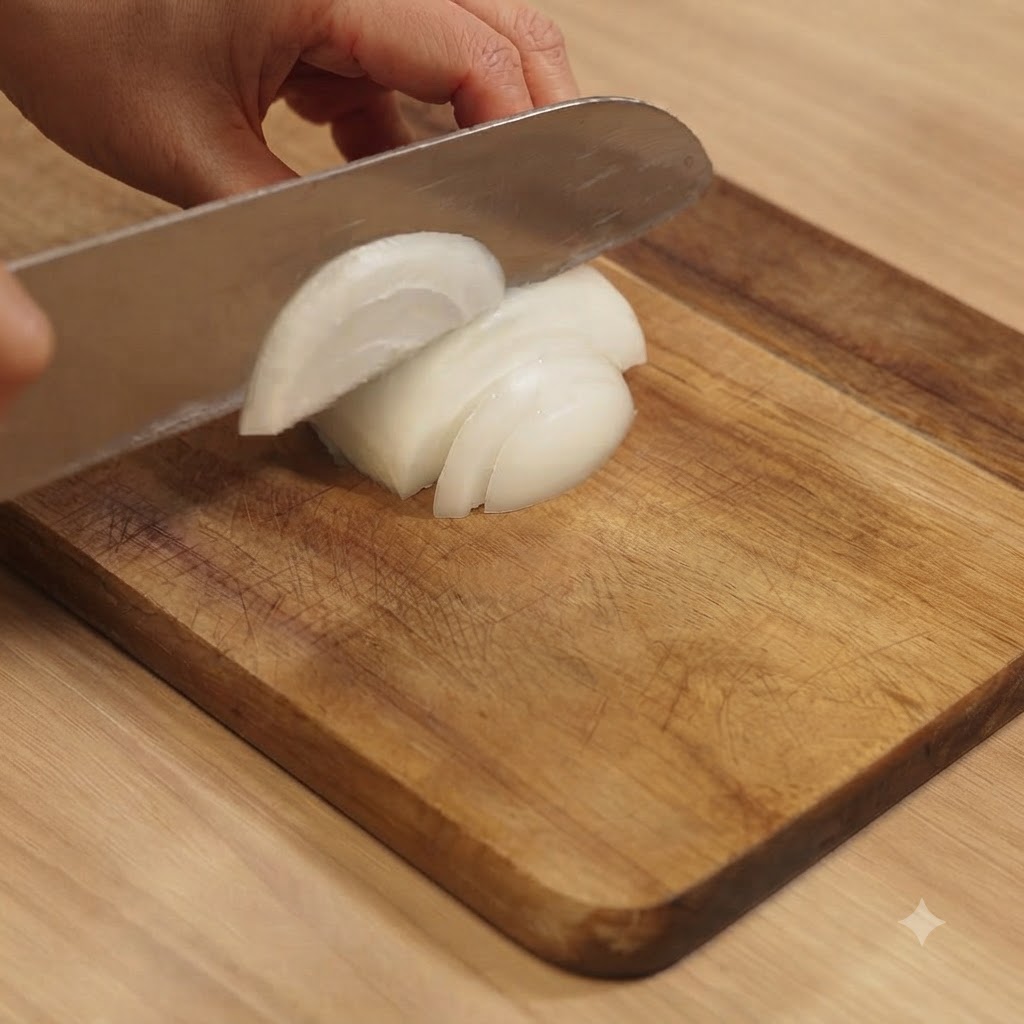 Una cipolla tagliata a fette con un coltello da cucina affilato su un tagliere di legno.