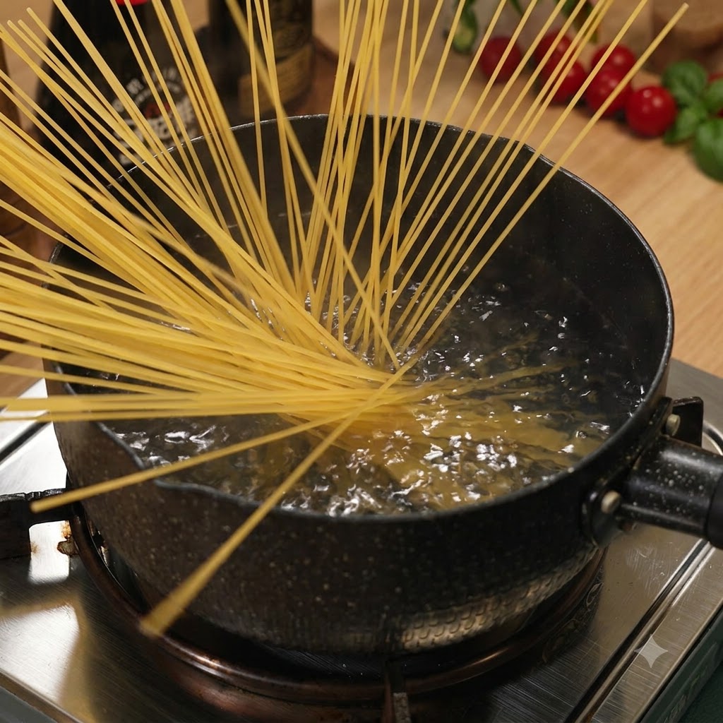 Spaghetti che cuociono e si ammorbidiscono dentro una pentola di acqua bollente su un fornello.