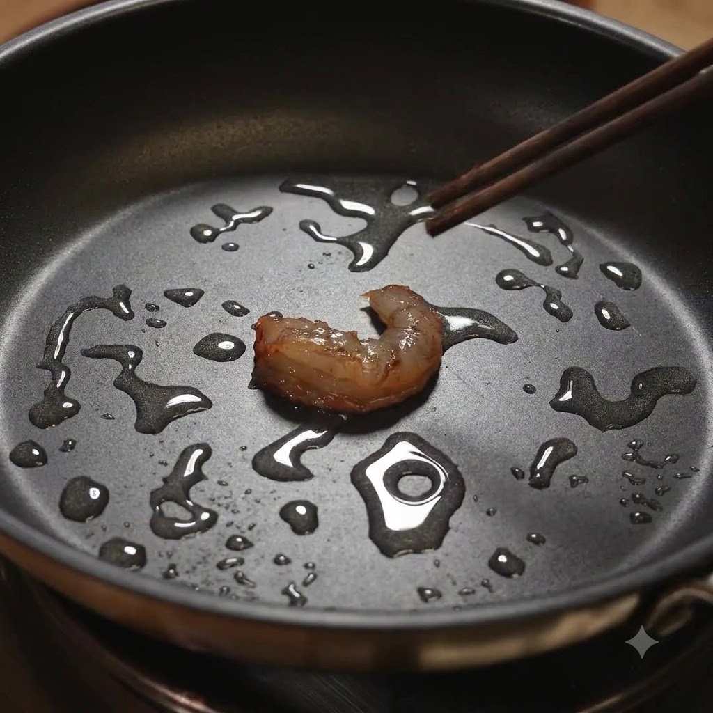 Un singolo pezzo di gambero girato con le bacchette in una padella unta dolio.