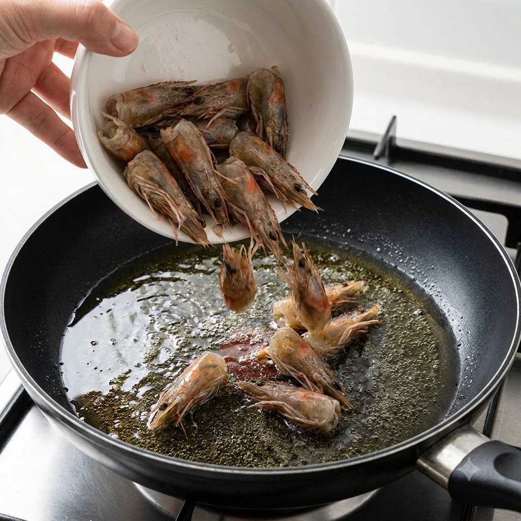 Teste di gamberi versate da una ciotola bianca in una padella con olio bollente per estrarre il sapore.