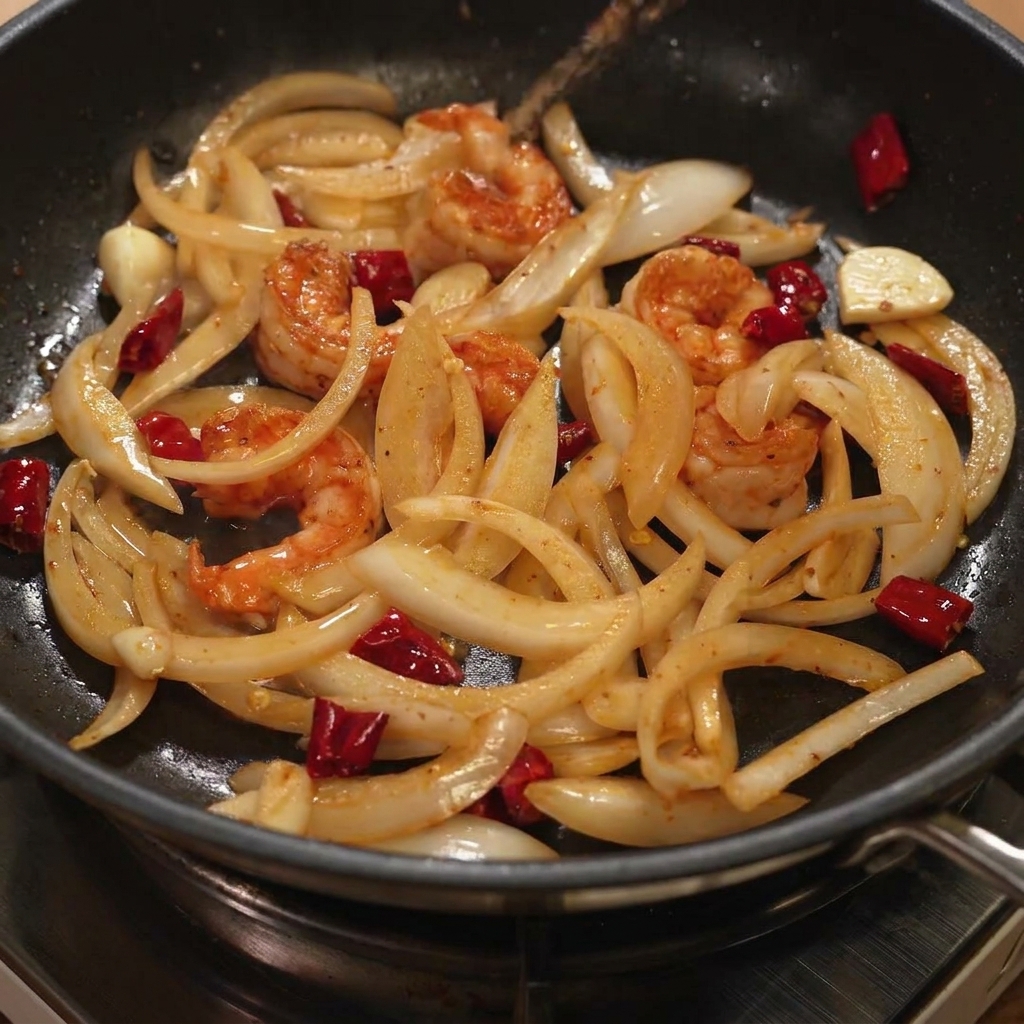 Vino bianco e salsa piccante coreana versati e mescolati nella padella con gamberi e cipolle.