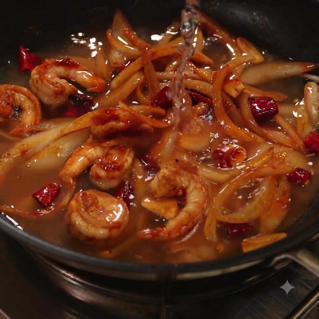 Acqua bollente, panna da cucina e latte versati nella padella sopra gli ingredienti cotti.