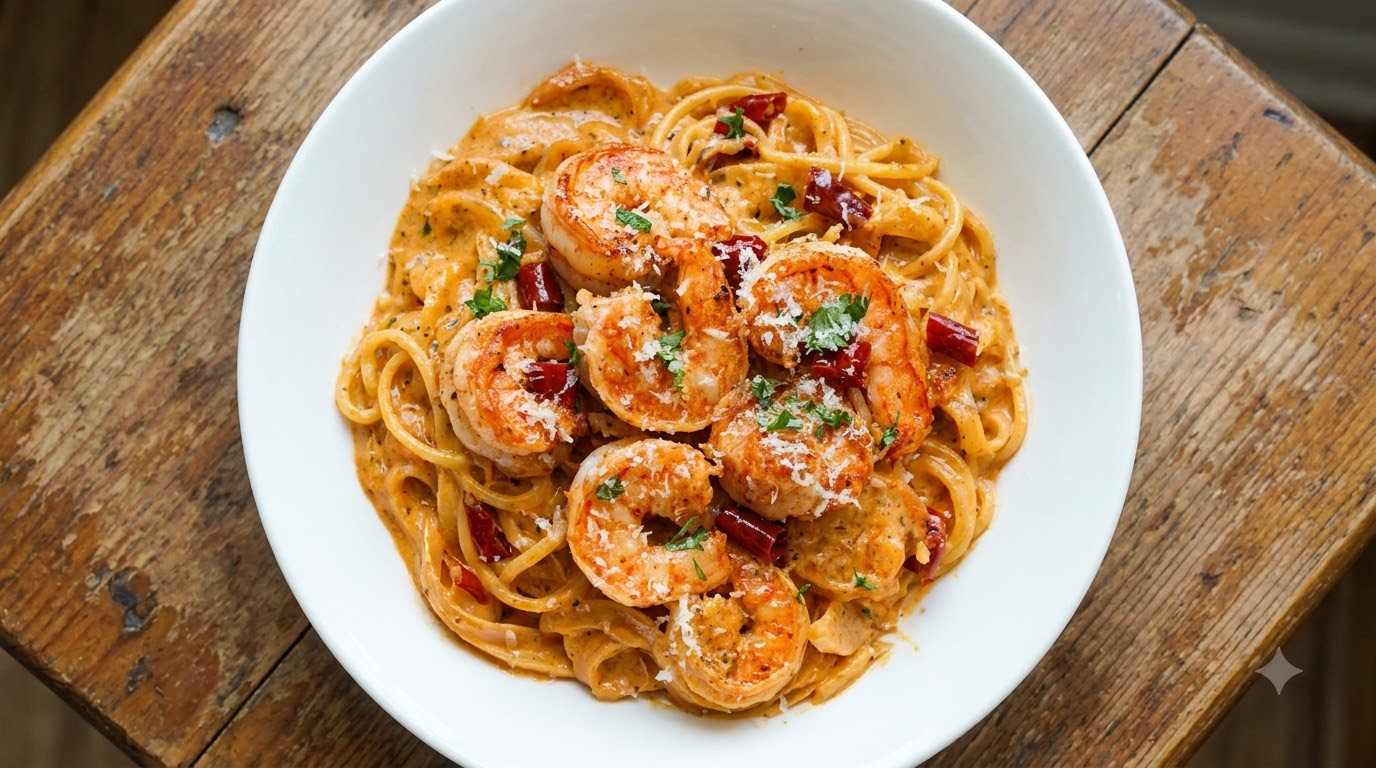 Pasta ai Gamberi Piccanti con Crema di Tartufo Nero
