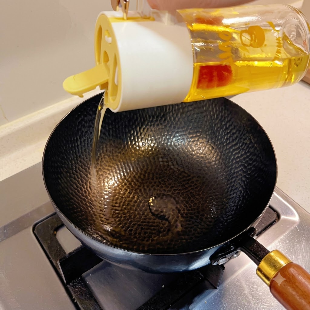 Olio da cucina versato da un dispenser di vetro in un wok nero martellato su un piano cottura.