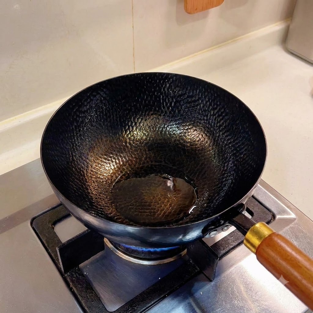 Olio caldo che frigge nel wok nero impostato sopra una fiamma blu sul fornello.