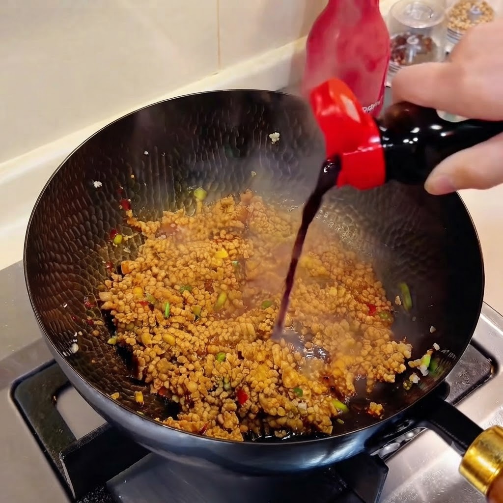 Salsa di soia scura versata da una bottiglia in un wok sfrigolante di carne macinata condita.