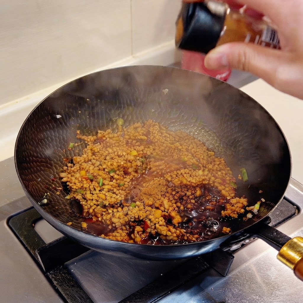 Salsa di carne macinata condita saltata in un wok nero con vapore visibile che sale.