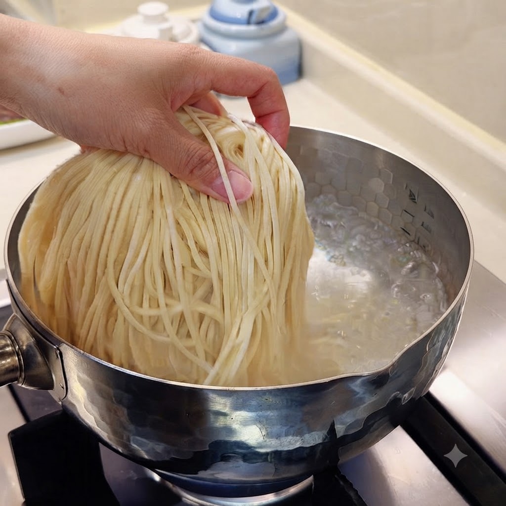 Noodles freschi calati in una pentola di acqua bollente che bolle.