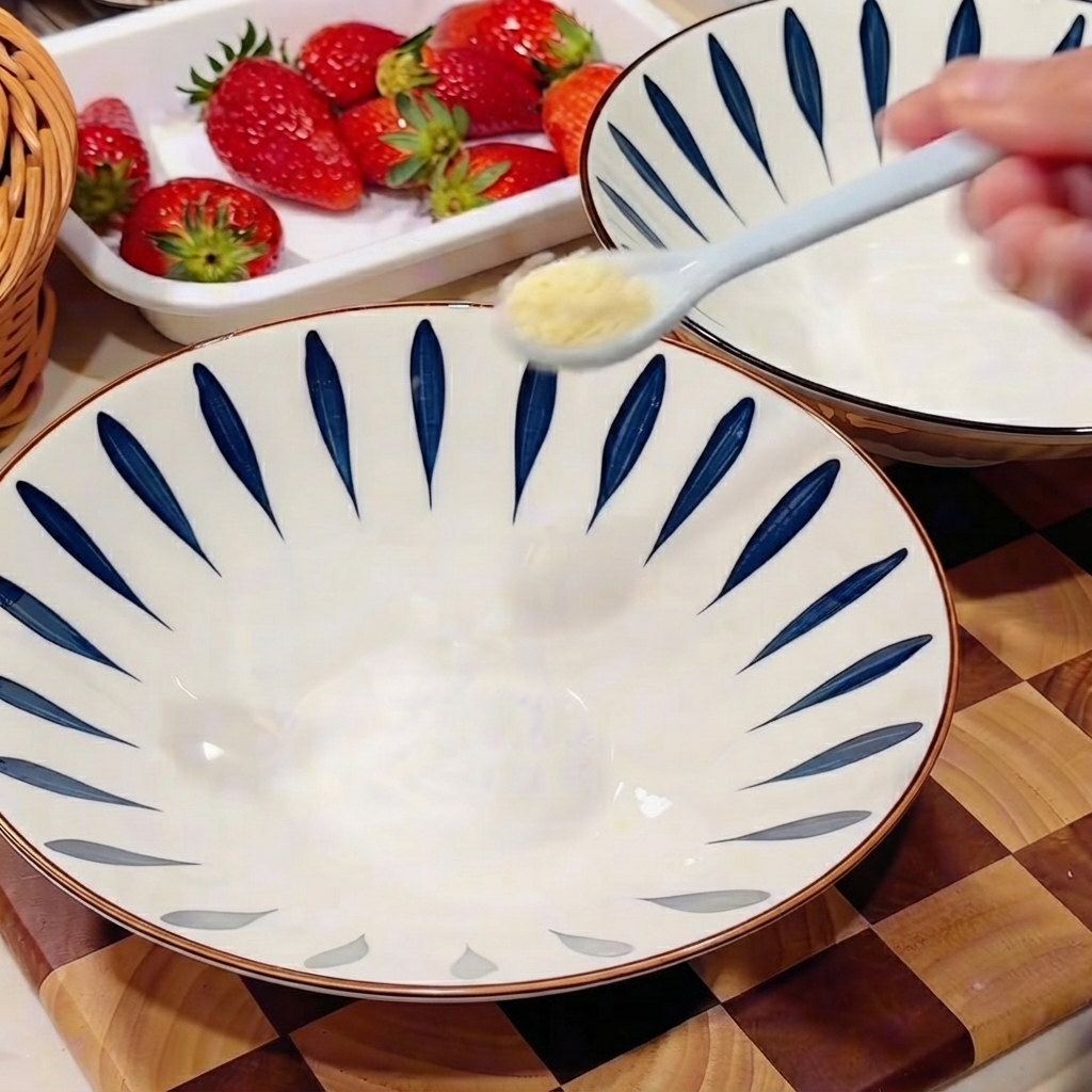 Sale e bouillon di pollo aggiunti in una ciotola da portata vuota decorata.
