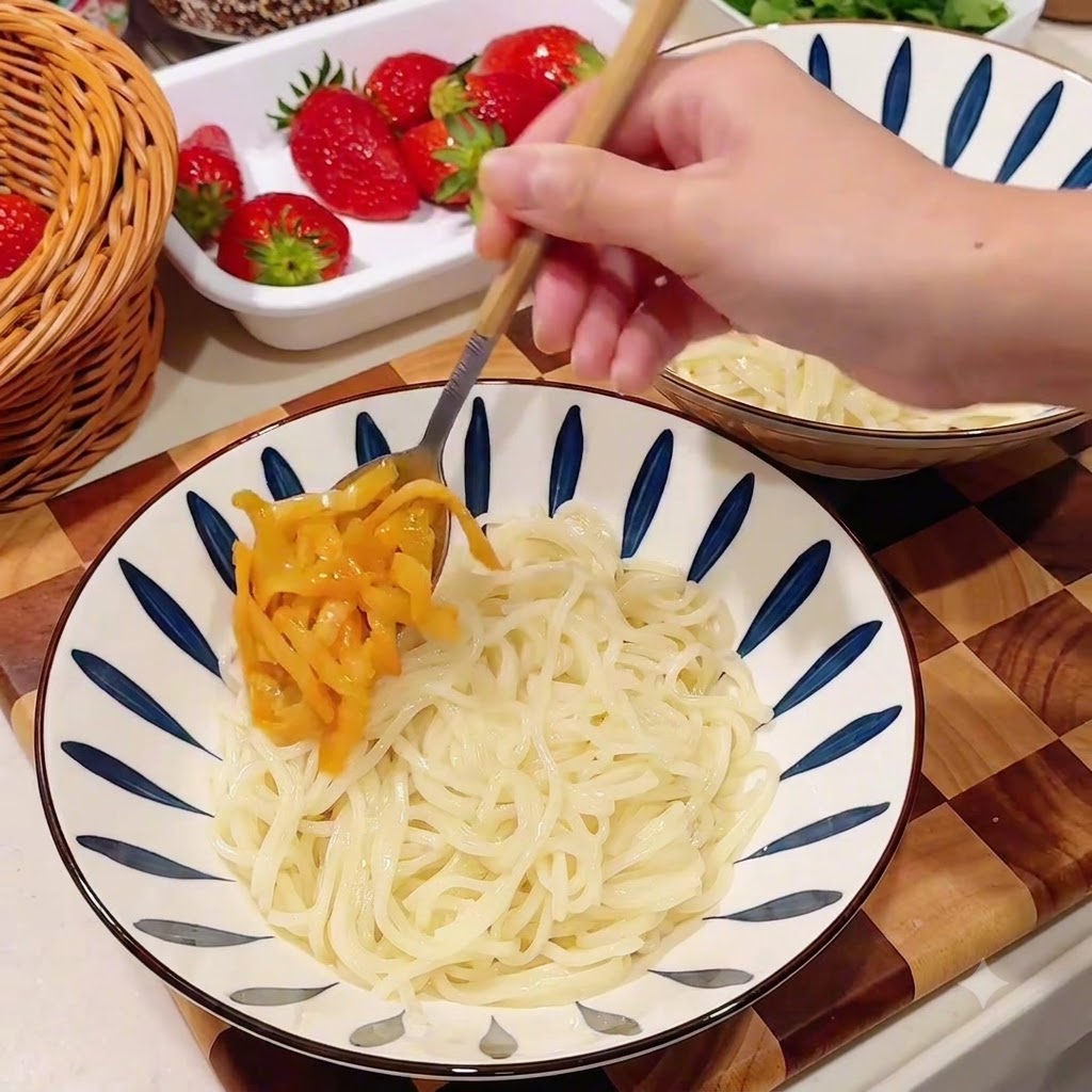 Un cucchiaio di radici di senape sottaceto gialle aggiunto sopra una ciotola di noodles bianchi cotti.