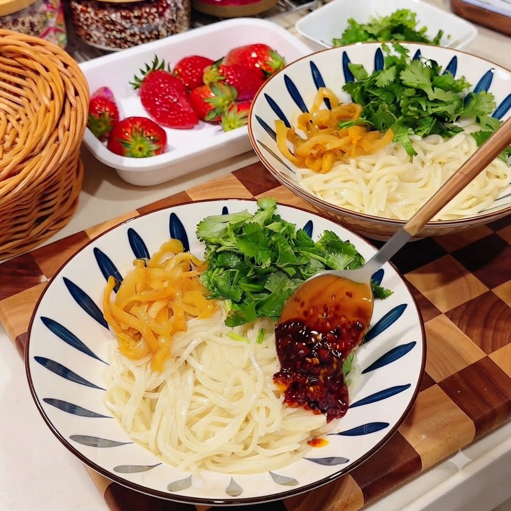 Un cucchiaio di olio al peperoncino rosso aggiunto a una ciotola contenente noodles, radici di senape sottaceto e coriandolo tritato.