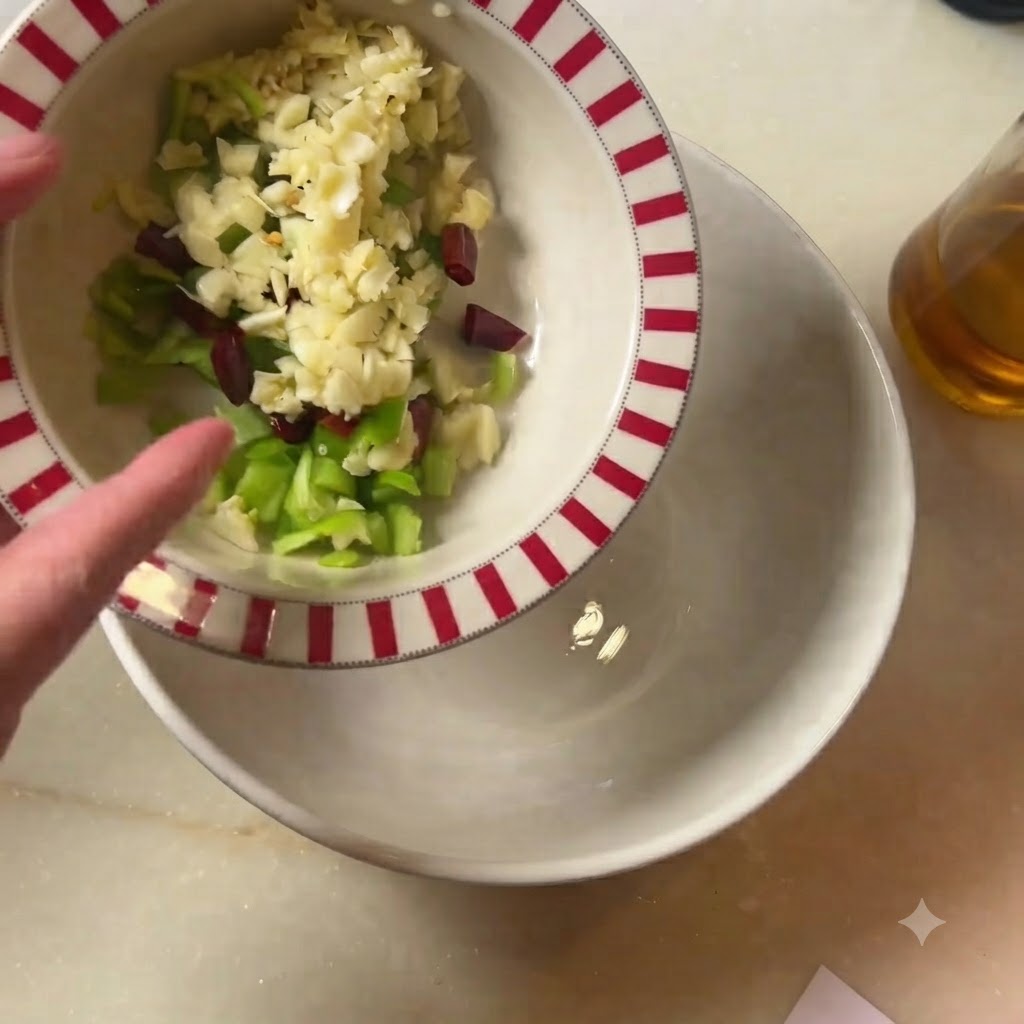 Una ciotola contenente aglio tritato, peperoncini verdi e pezzi di peperoncino rosso secco.